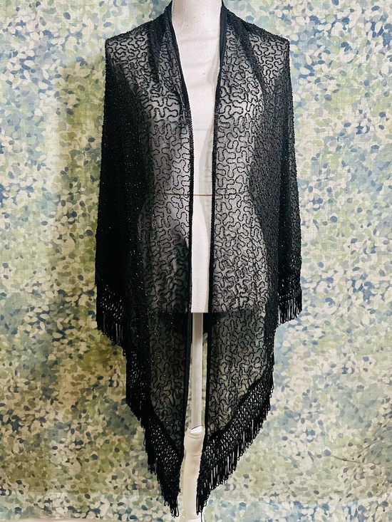 Scala Sweaters - Scala Black Beaded Fringe Evening Shawl Wrap Poncho One Size